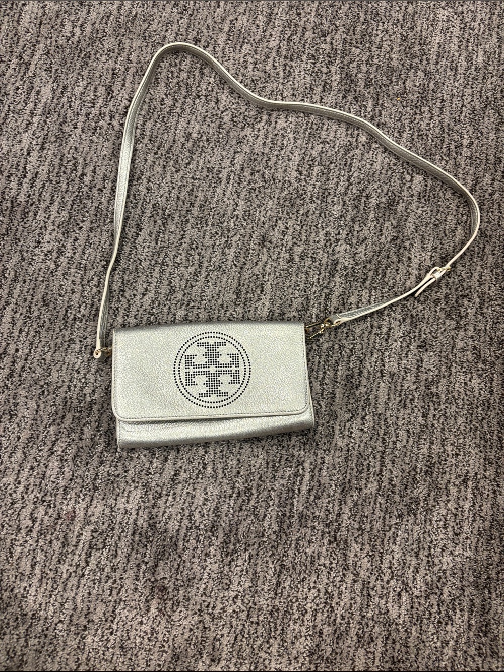 Tory Burch Silver Perforated Logo Crossbody Wallet